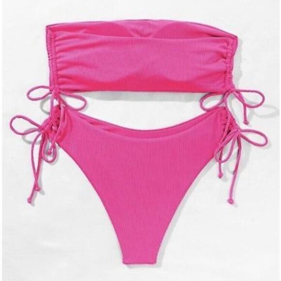 Pink two side ties ribbed bikini size medium - Picture 1 of 6